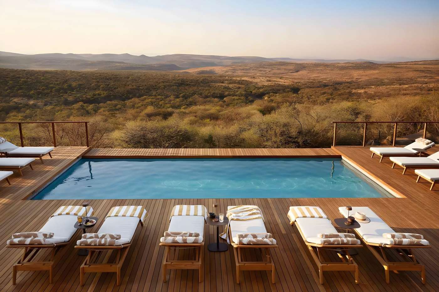 The pool deck at Nambiti Hills, looking out over the hills of the reserve