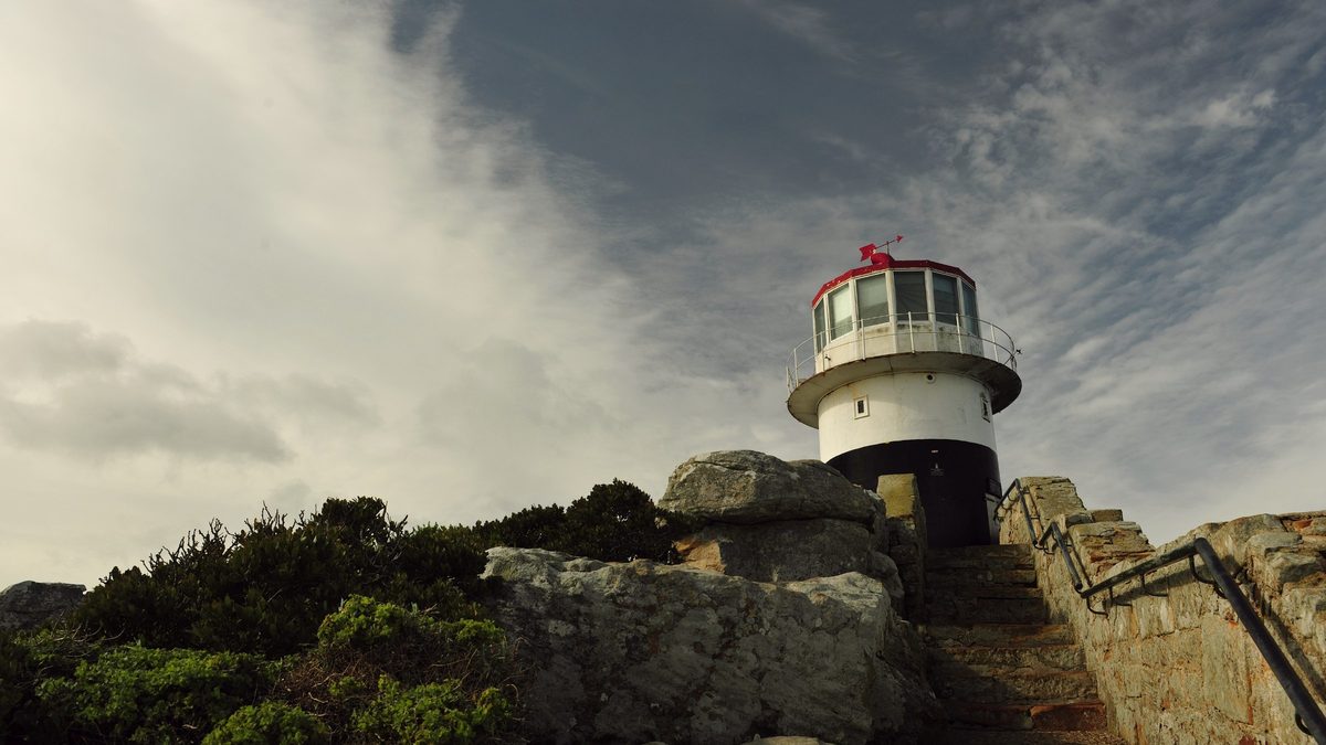 The old Cape Point lighthouse at the top of the stone steps