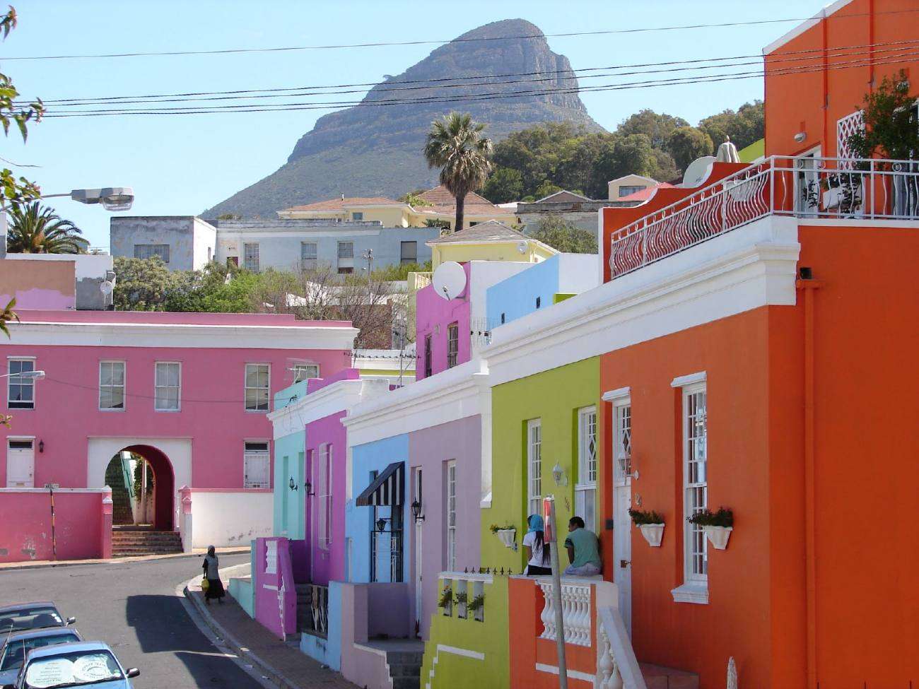 Painted terraces in the Bo-Kaap with Lion’s Head above