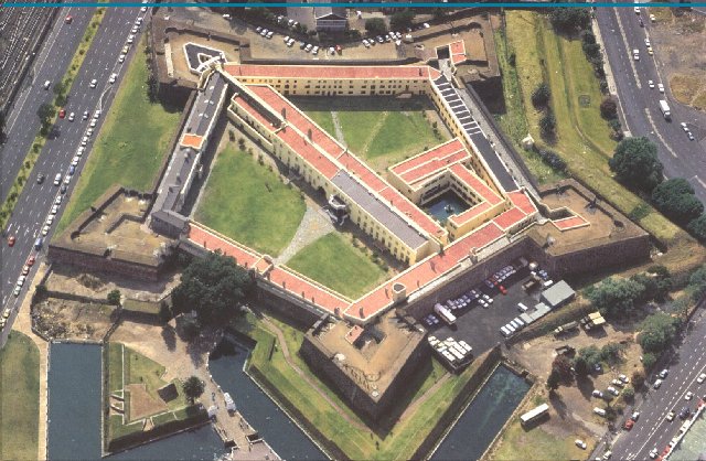 The five-pointed Castle of Good Hope seen from the air, surrounded by roads
