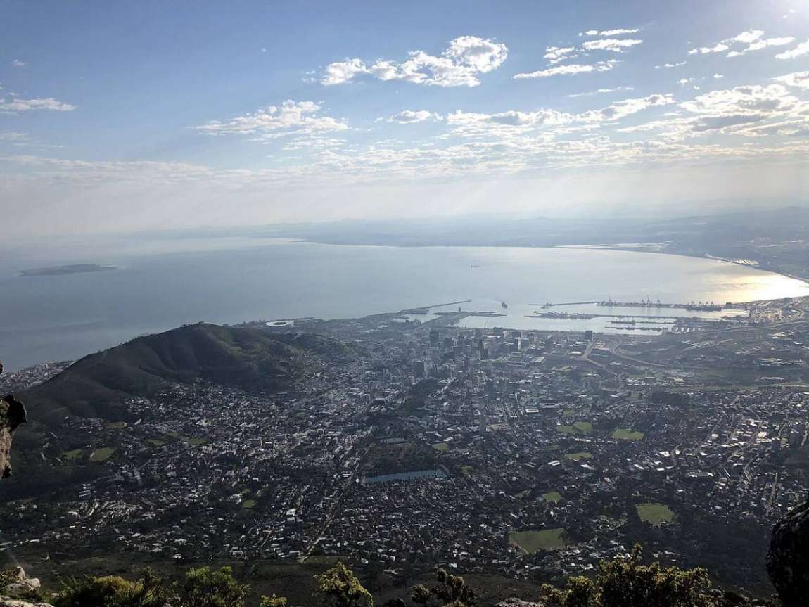 The City Bowl and harbour seen from Table Mountain, with Table Bay beyond
