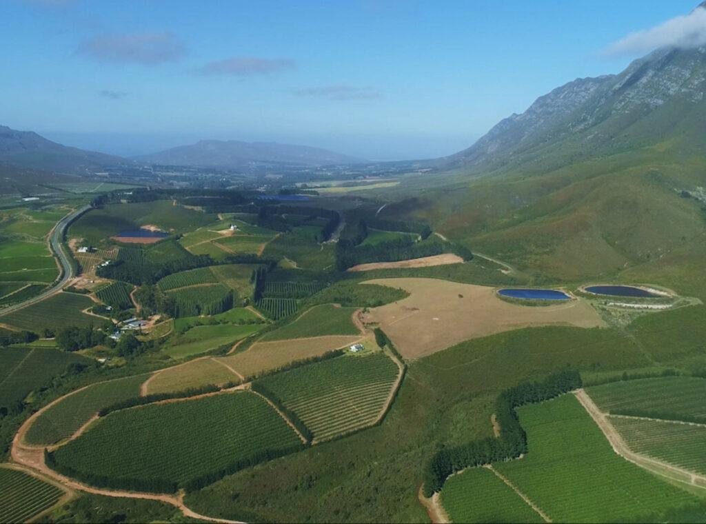 The Hemel-en-Aarde Valley from the air, with vineyards and mountains