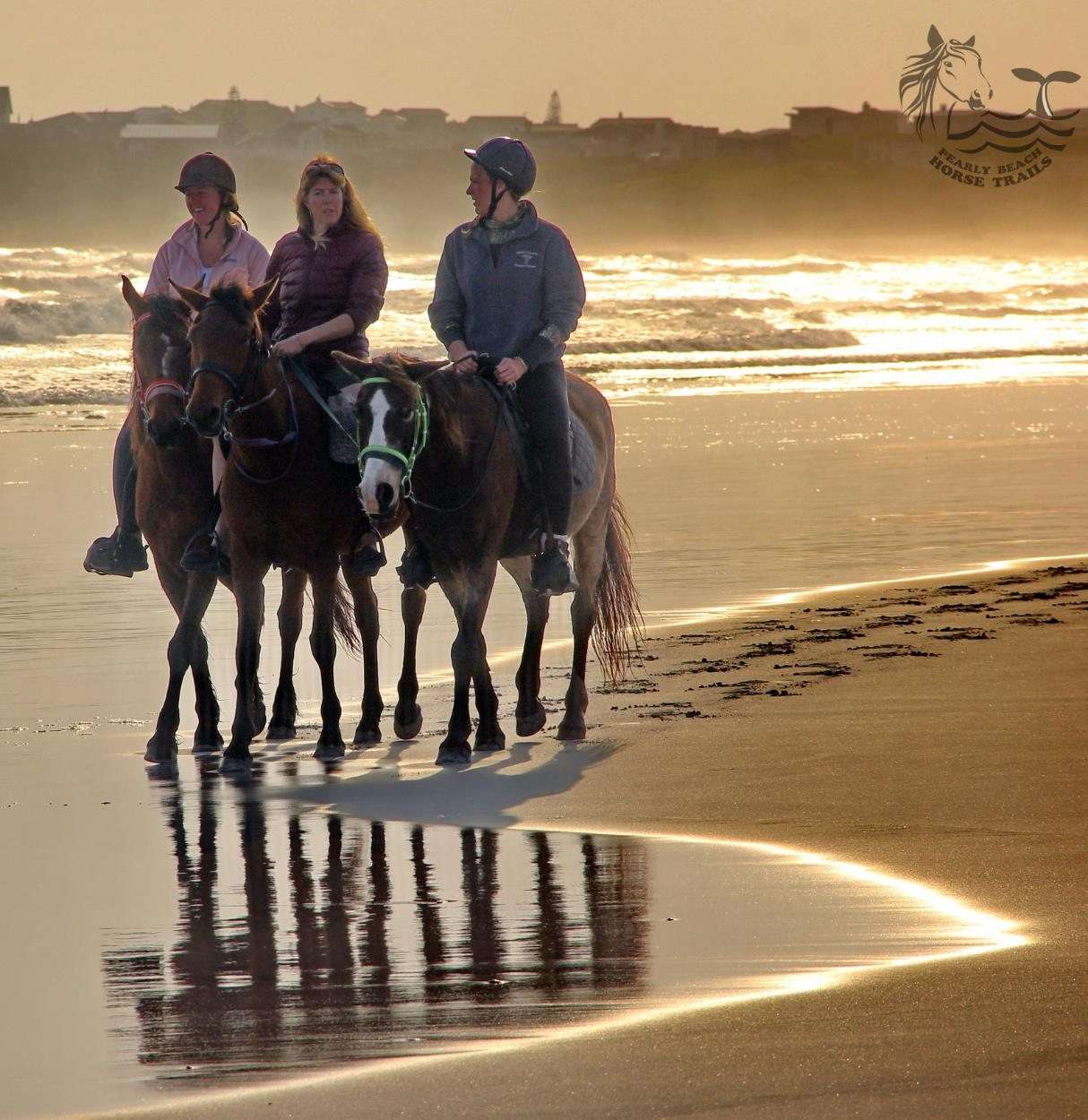 Riders silhouetted at sunset on the wet sand
