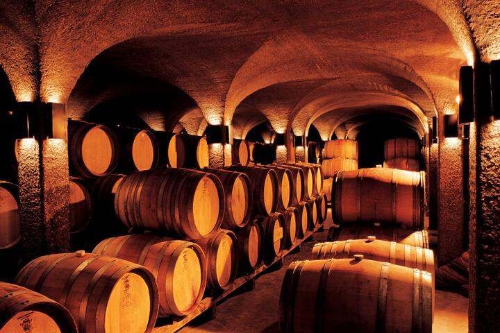 Rows of oak barrels under a vaulted brick cellar ceiling