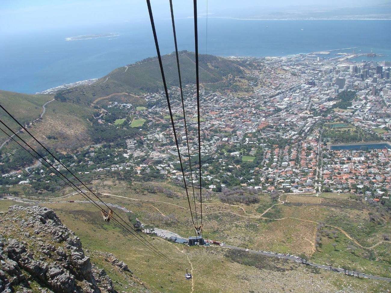The view down over the city from inside the cable car